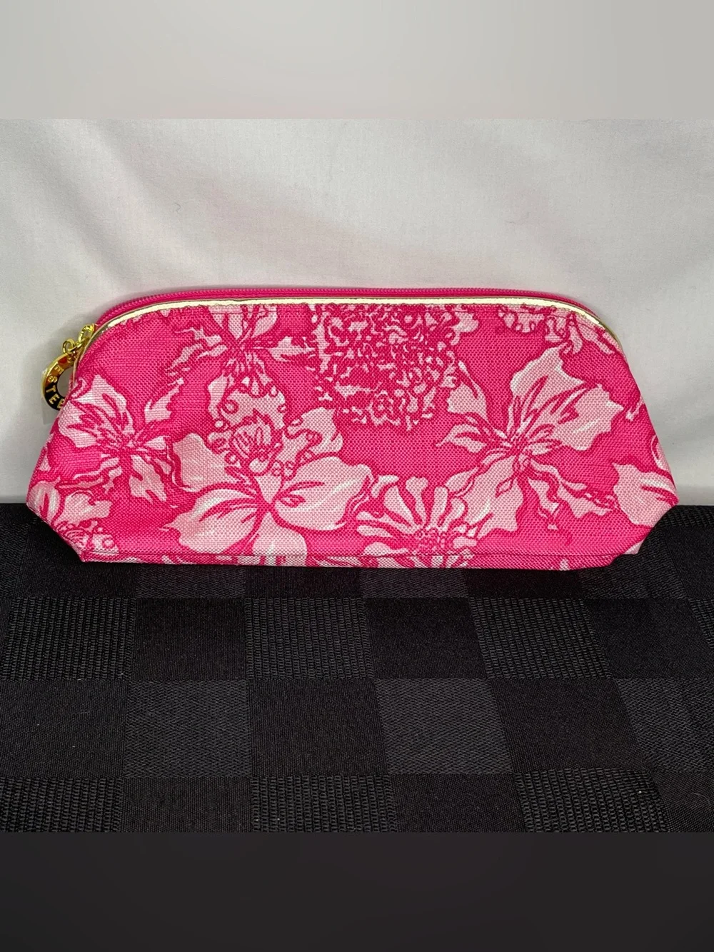 Lilly Pulitzer for Estee Lauder Pink Floral Cosmetic Bag with Gold Trim